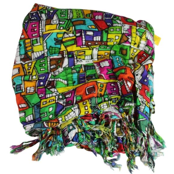 Bali Blue Original Rio Brazil Scarf colorful stacked houses art to wear sarong - Picture 1 of 6